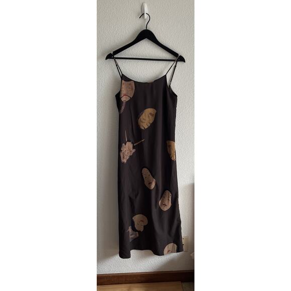 Japanese Noh Faces Brown Midi Slip Dress Fall Japanese Art Wear Lagenlook Medium - Picture 16 of 16